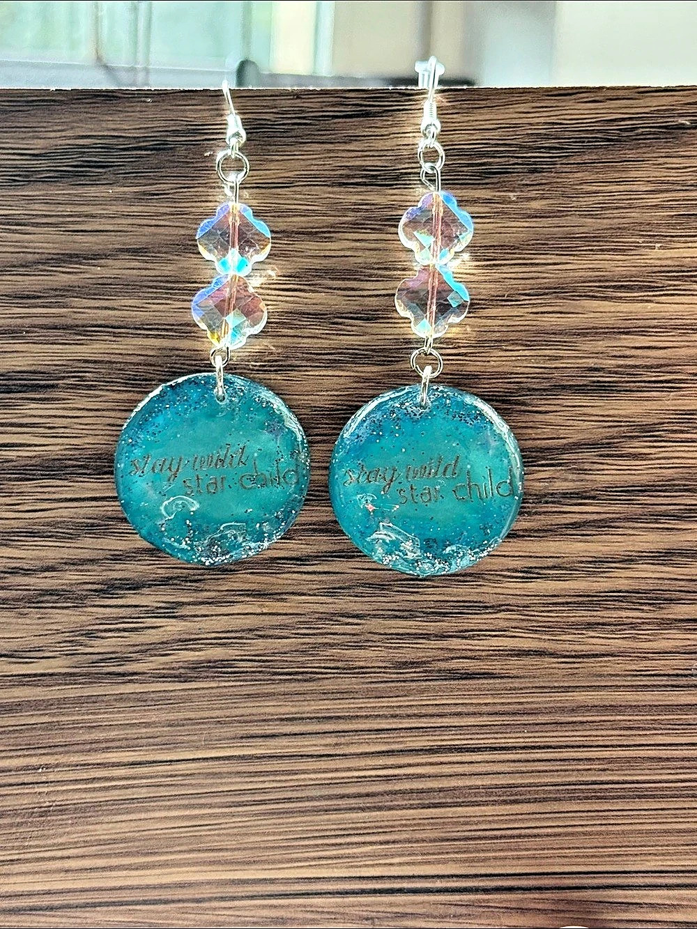 Boho Blue Glitter Resin "Stay Wild Star Child" Dangle Earrings